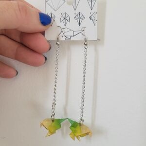 Origami Frog Dangle Earrings in Green and Yellow